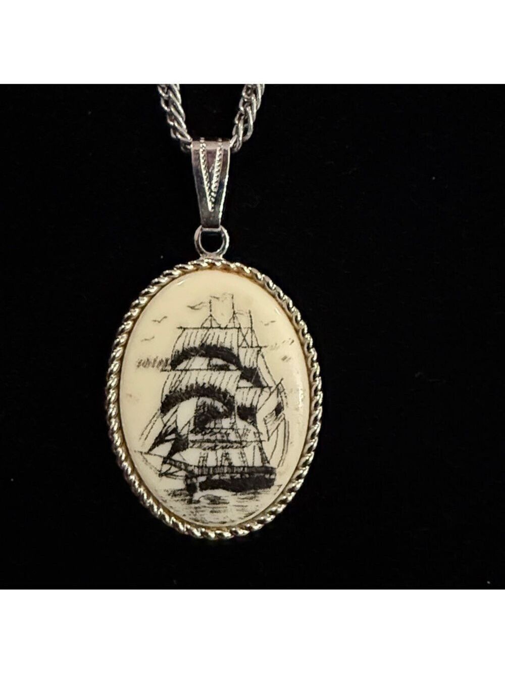 Sarah Coventry SARAH Simulated Scrimshaw Boat Ship Vintage 1970 Pendant Necklace